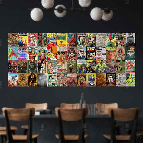 Bộ 52 sticker decal dán tường vintage comic truyện tranh xưa các nhân vật Hulk, Flash, Deadpool trang trí phòng phong cách vintage, retro.