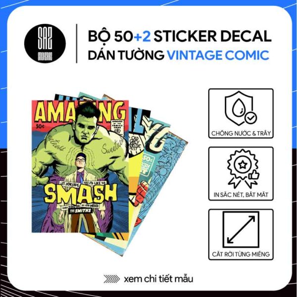 Bộ 52 sticker decal dán tường vintage comic truyện tranh xưa các nhân vật Hulk, Flash, Deadpool trang trí phòng phong cách vintage, retro.
