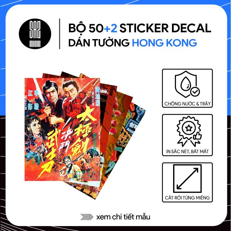 Bộ 50 sticker decal dán tường Hong Kong quán trà chanh A4