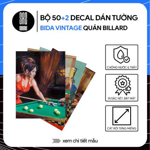 Bộ 52 sticker decal dán tường quán bida vintage quán billard bi-a phong cách xưa